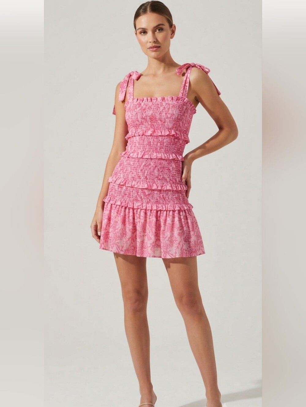 Women's Pink Smocked Tie-Shoulder Summer Ruffle Floral Mini Dress Medium
